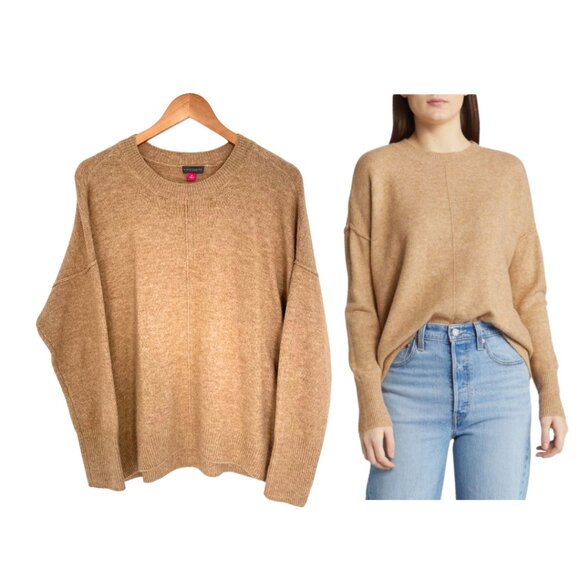 Vince Camuto Sweater Women Medium Tan Latte Heather Crewneck Knit Center Seam - Picture 1 of 12